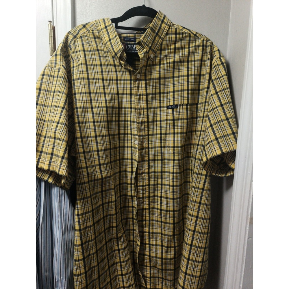 Chaps Ralph Lauren Shirt Mens XXL Yellow Plaid Short Sleeve Button Easy Care